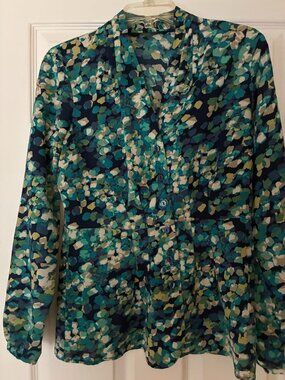 Chadwicks Blouse Size 8 Blue Green Teal Pattern Long Sleeve